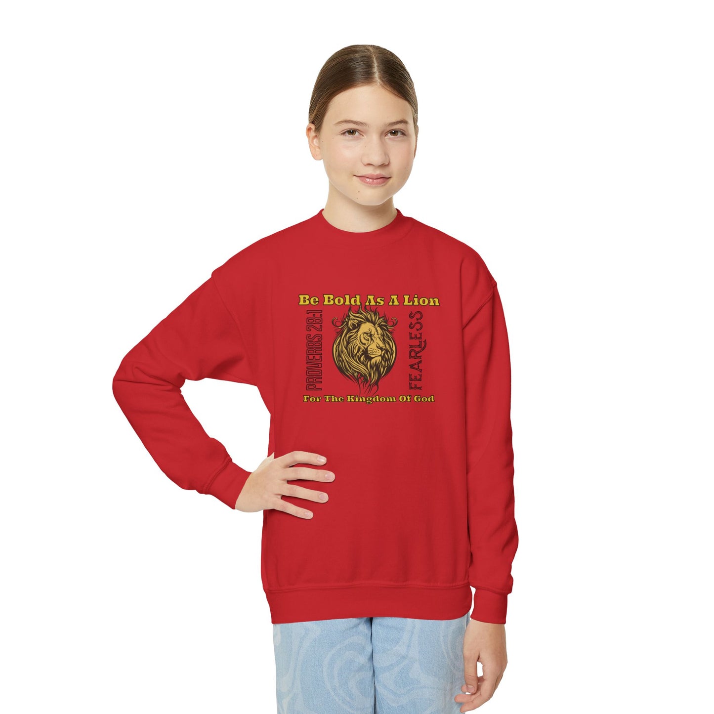 Be Bold As a Lion, Youth Crewneck Sweatshirt – Inspirational Christian Quote Graphic