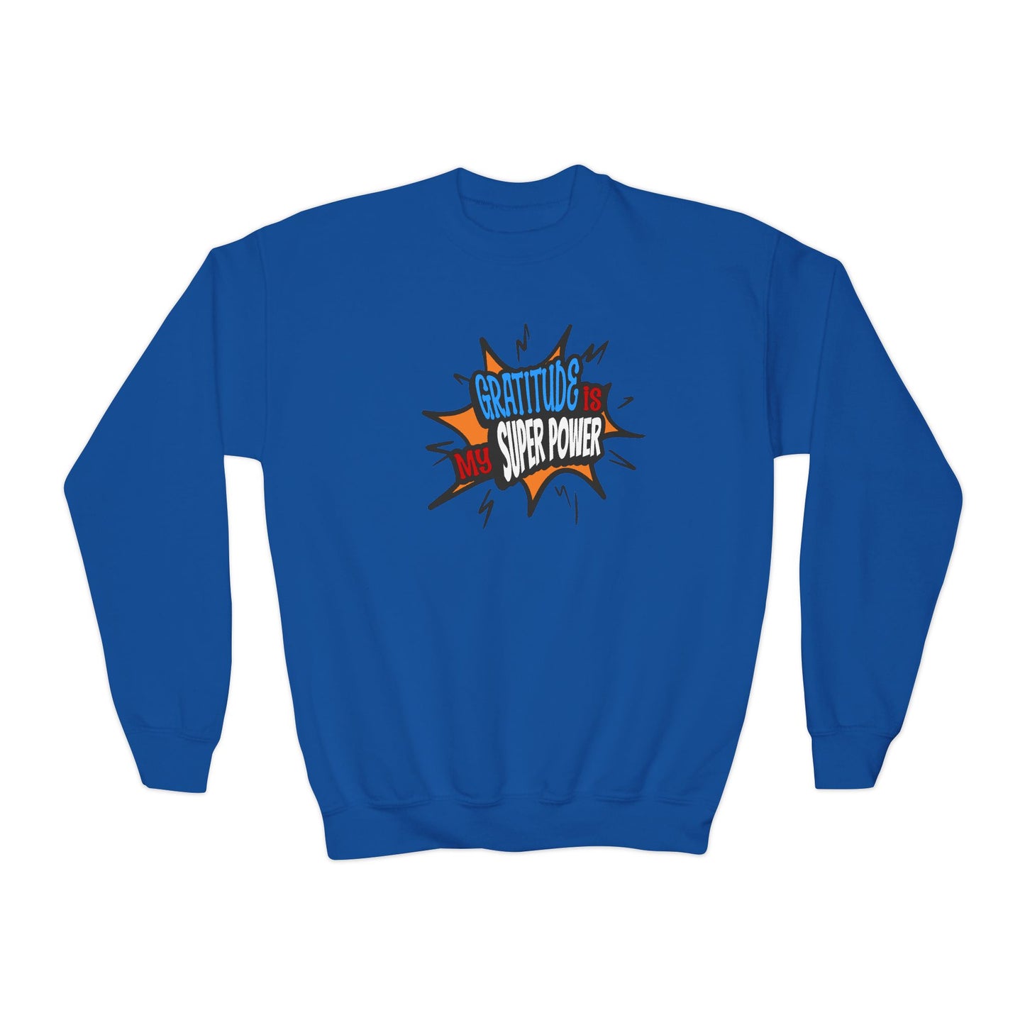 Gratitude Is My Superpower, Youth Crewneck Sweatshirt – Inspirational Christian Quote Graphic