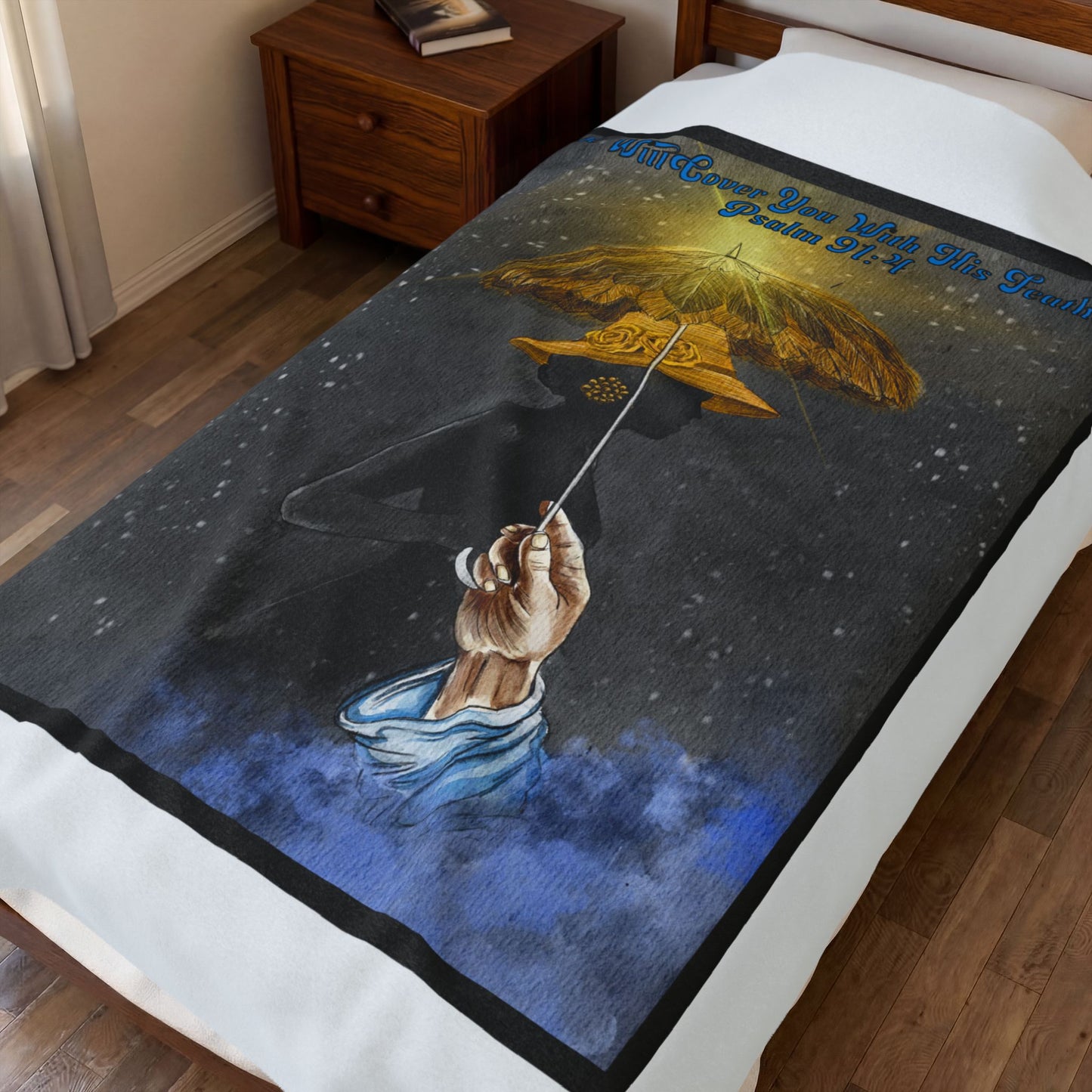 Inspirational Psalm 91 Velveteen Plush Blanket — God’s Protection Umbrella Design