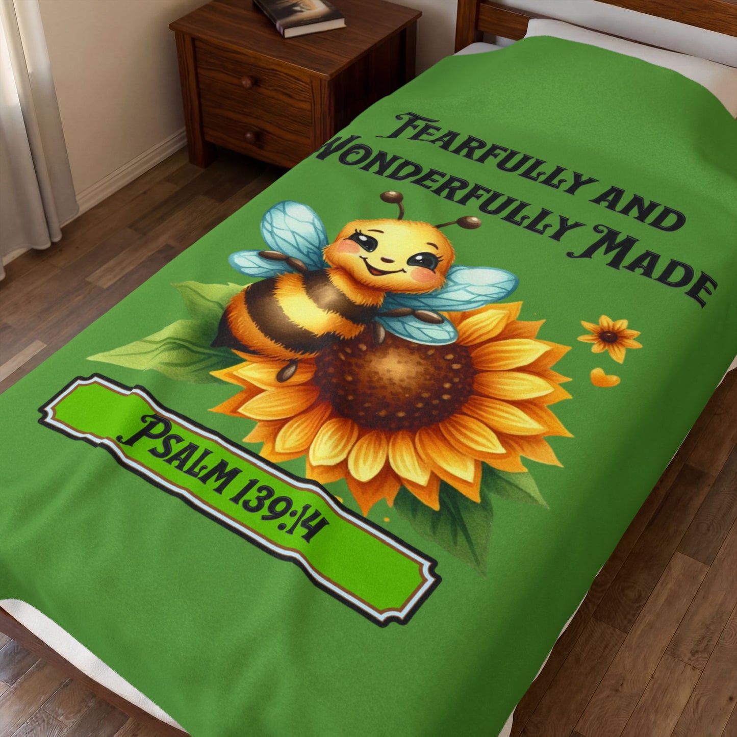 Velveteen Plush Blanket — "Fearfully and Wonderfully Made" Bee & Sunflower Psalm 139:14