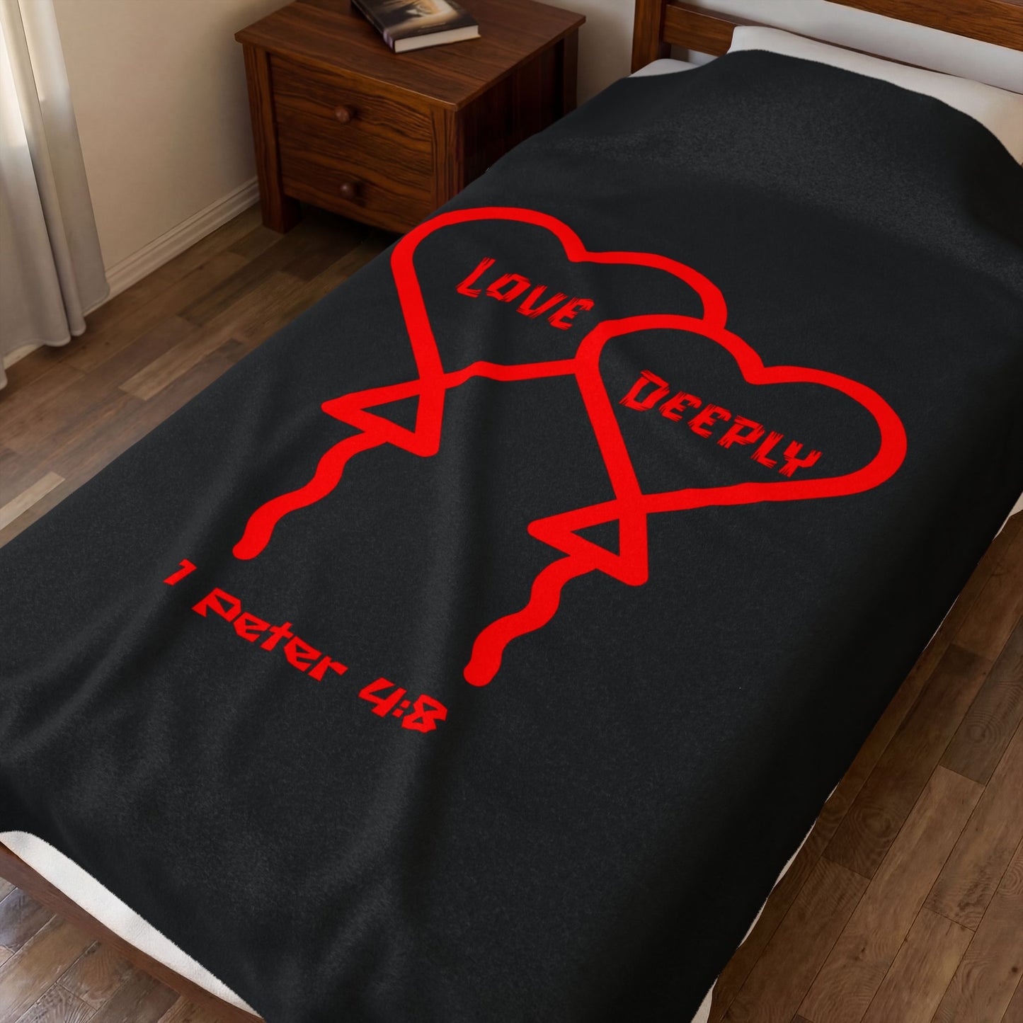 Velveteen Plush Blanket — 'Love Deeply' Heart Design (1 Peter 4:8), Faith-Based