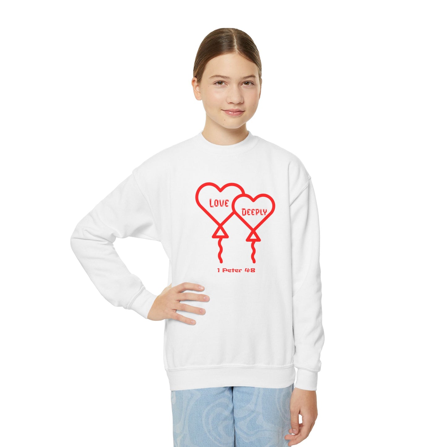 Love Deeply, Youth Crewneck Sweatshirt – Inspirational Christian Quote Graphic