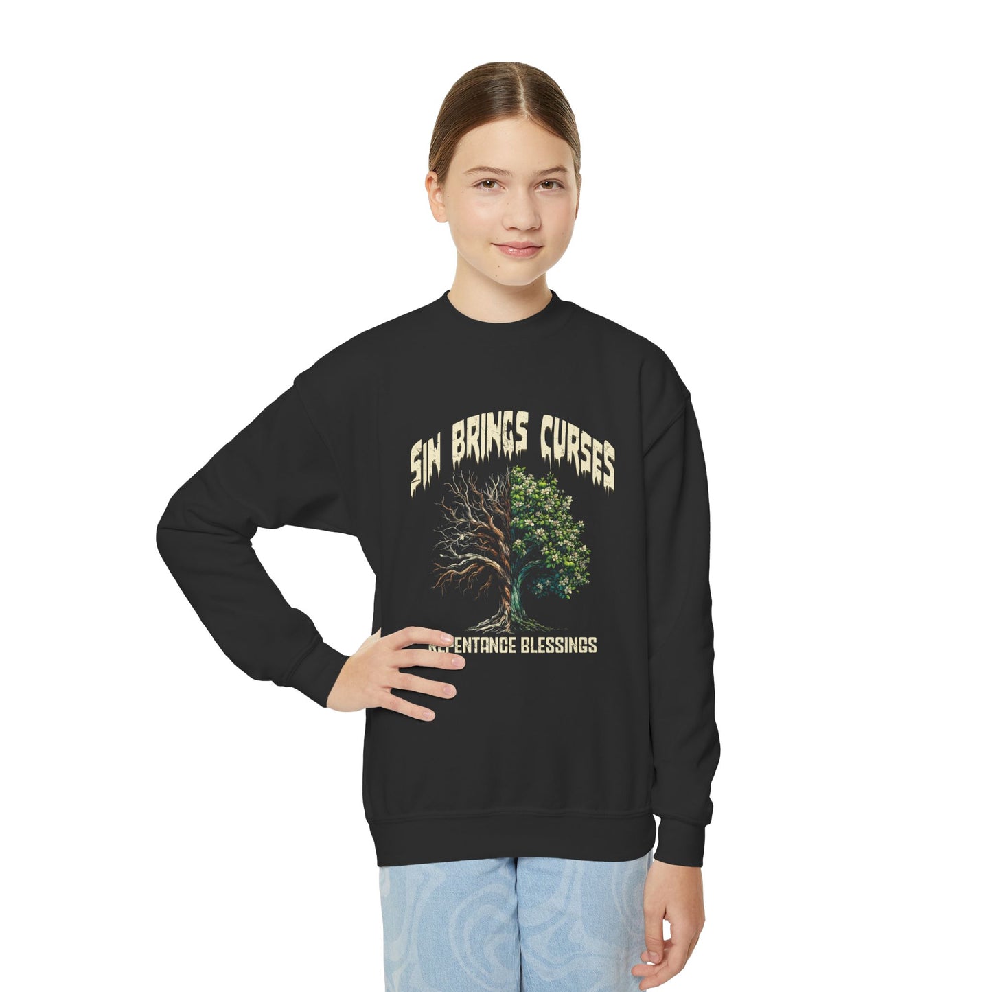 Sin Brings Curses-Repentance Blessings, Youth Crewneck Sweatshirt – Inspirational Christian Quote Graphic