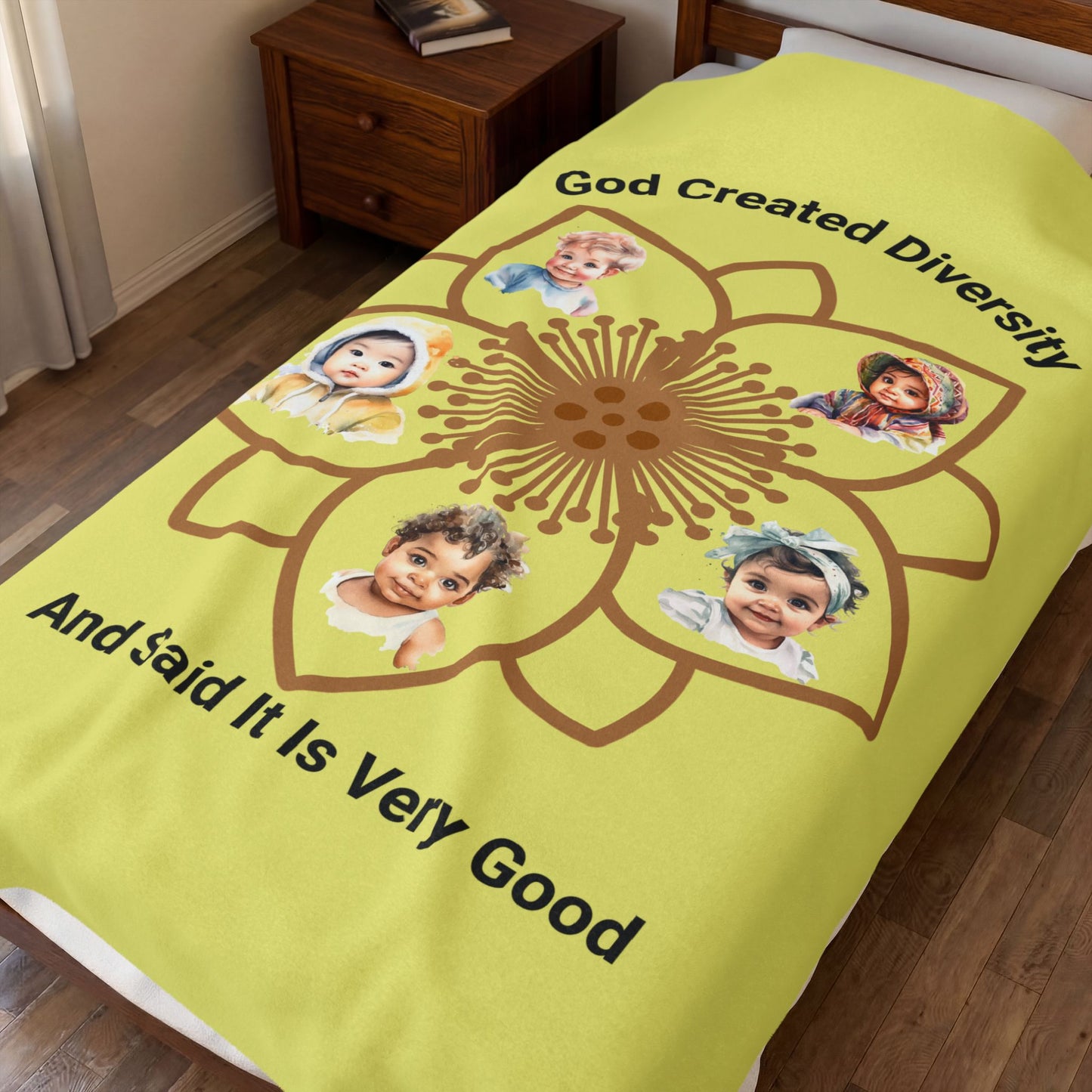 Velveteen Plush Blanket — "God Created Diversity and Said It Is Very Good" Floral Baby Photo Throw