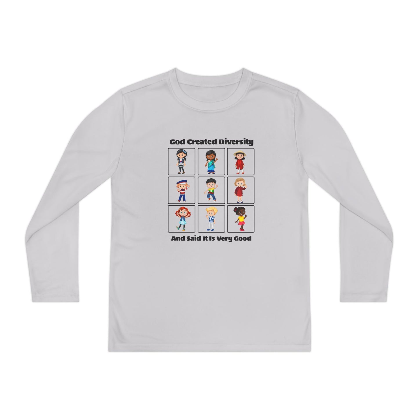 Youth Long Sleeve Tee — "God Created Diversity" Kids Multicultural Graphic Shirt, Christian, Faith-Based