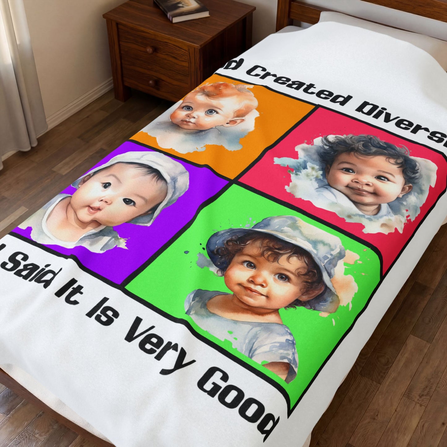 Velveteen Plush Blanket — "God Created Diversity" Mosaic Portrait Throw