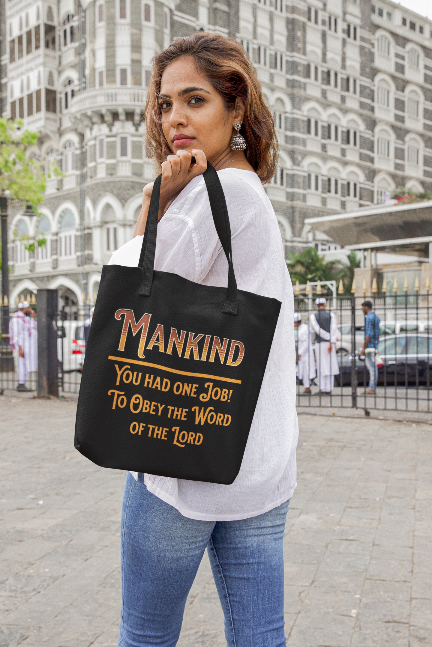 Mankind, You Had One Job! To Obey the Word of the Lord Tote, Christian Tote Bag