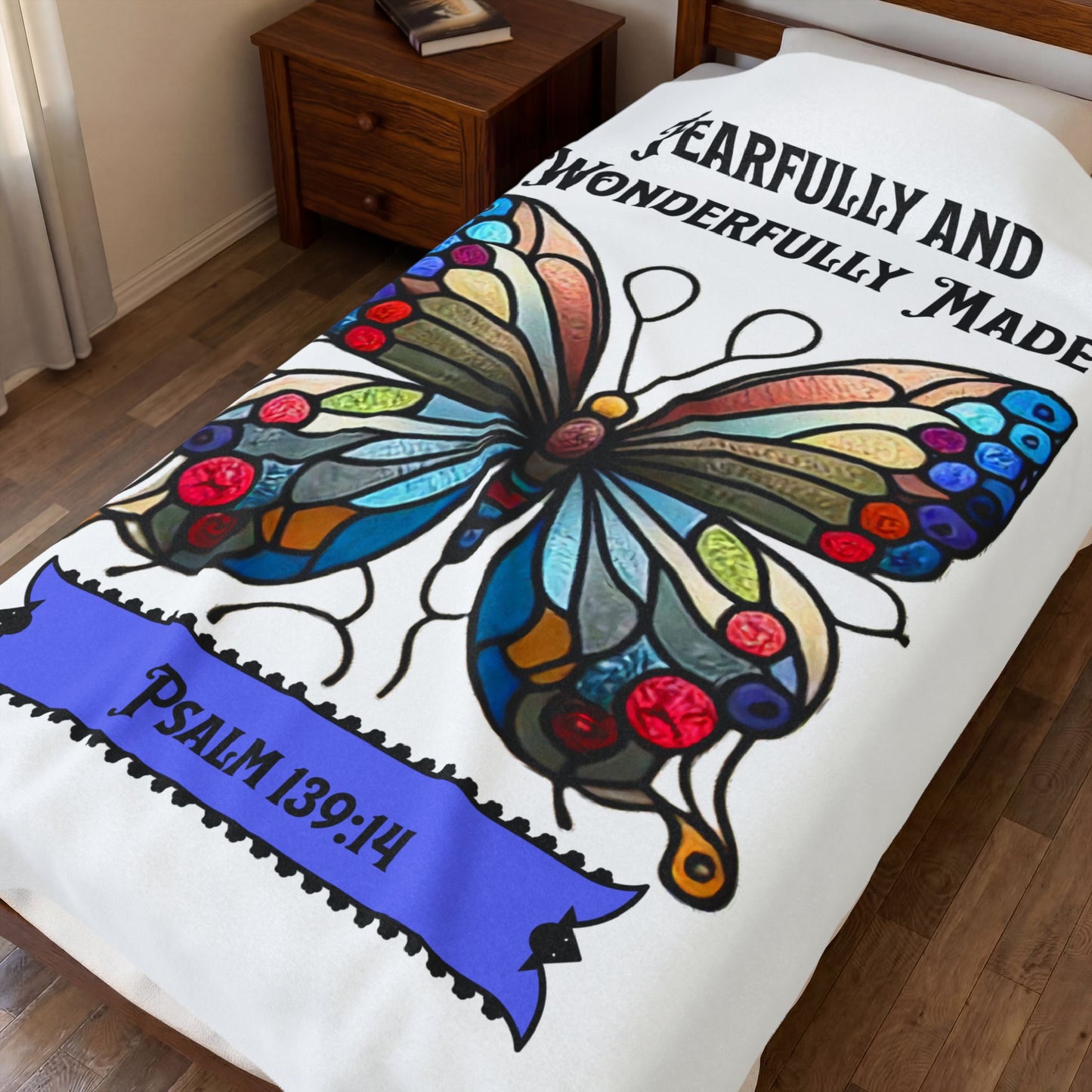 Velveteen Plush Blanket – "Fearfully and Wonderfully Made" Butterfly Psalm 139:14 Inspirational Throw