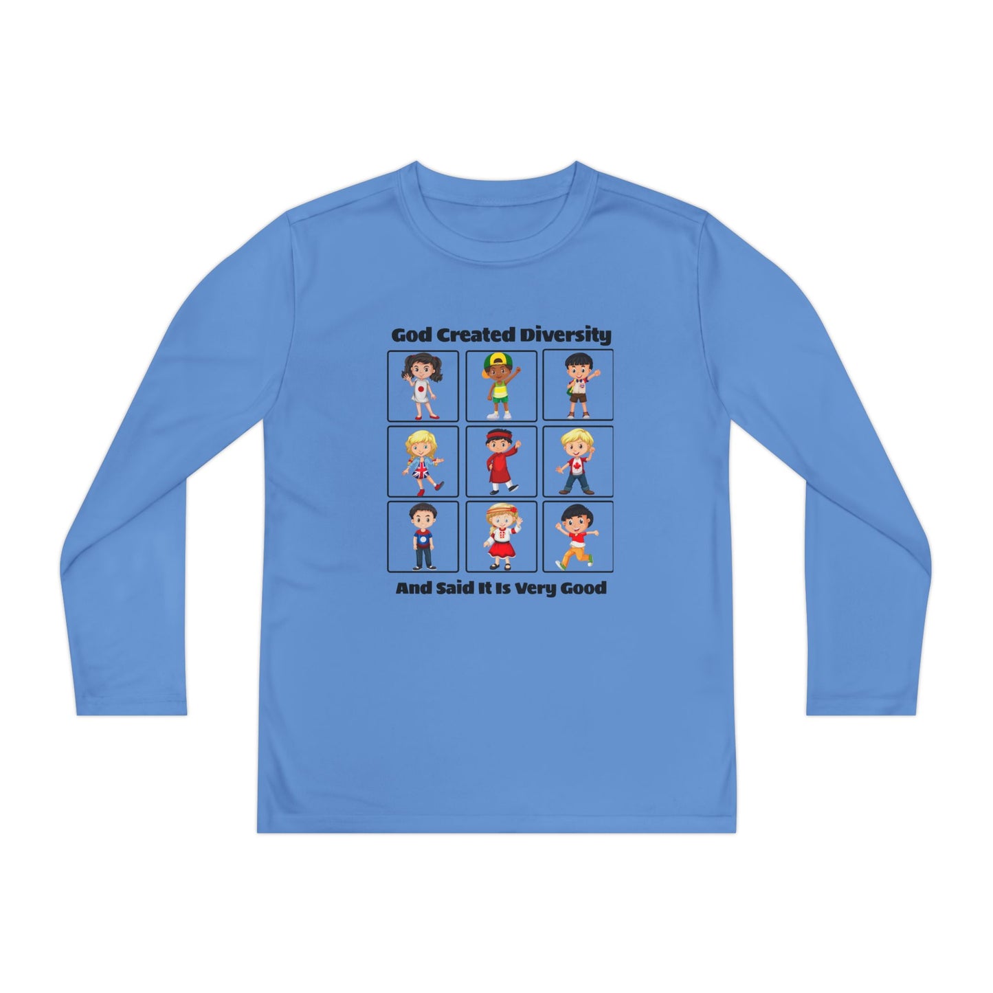 Youth Long Sleeve Tee — "God Created Diversity" Kids Multicultural Graphic Shirt, Christian, Faith-Based