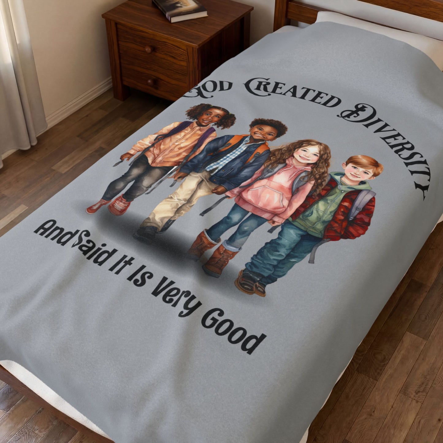 Velveteen Plush Blanket — "God Created Diversity" Mosaic Portrait Throw, Faith-Based
