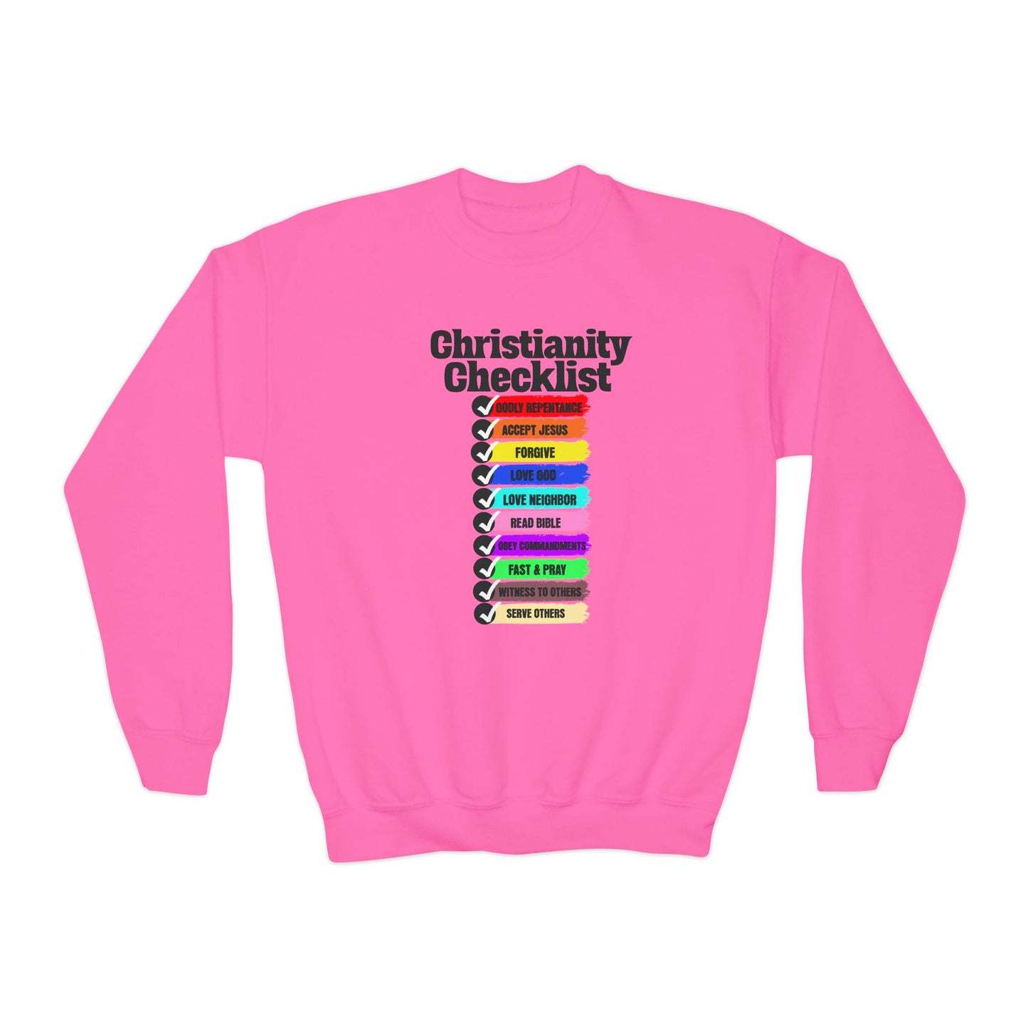 Christianity Checklist, Youth Crewneck Sweatshirt – Inspirational Christian Quote Graphic