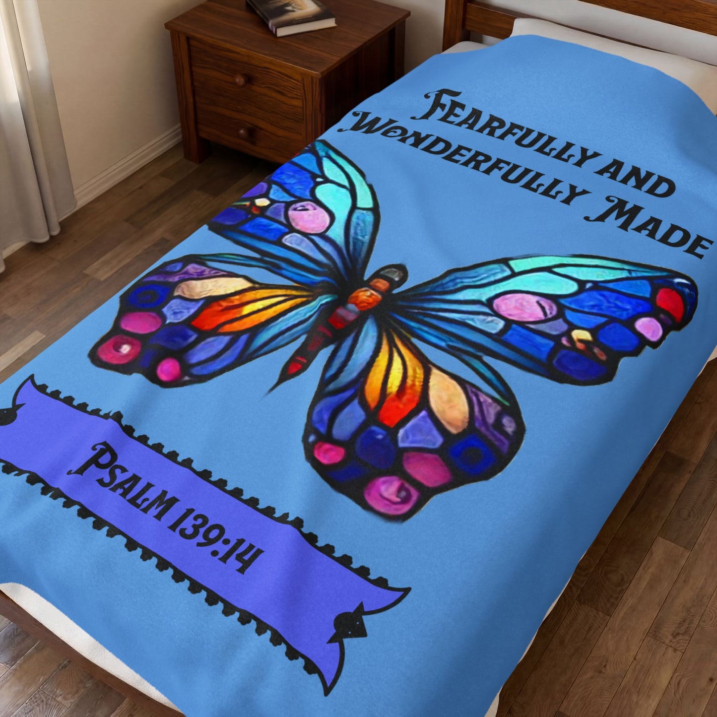 Velveteen Plush Blanket — "Fearfully and Wonderfully Made" Butterfly Psalm 139:14 Plush Throw