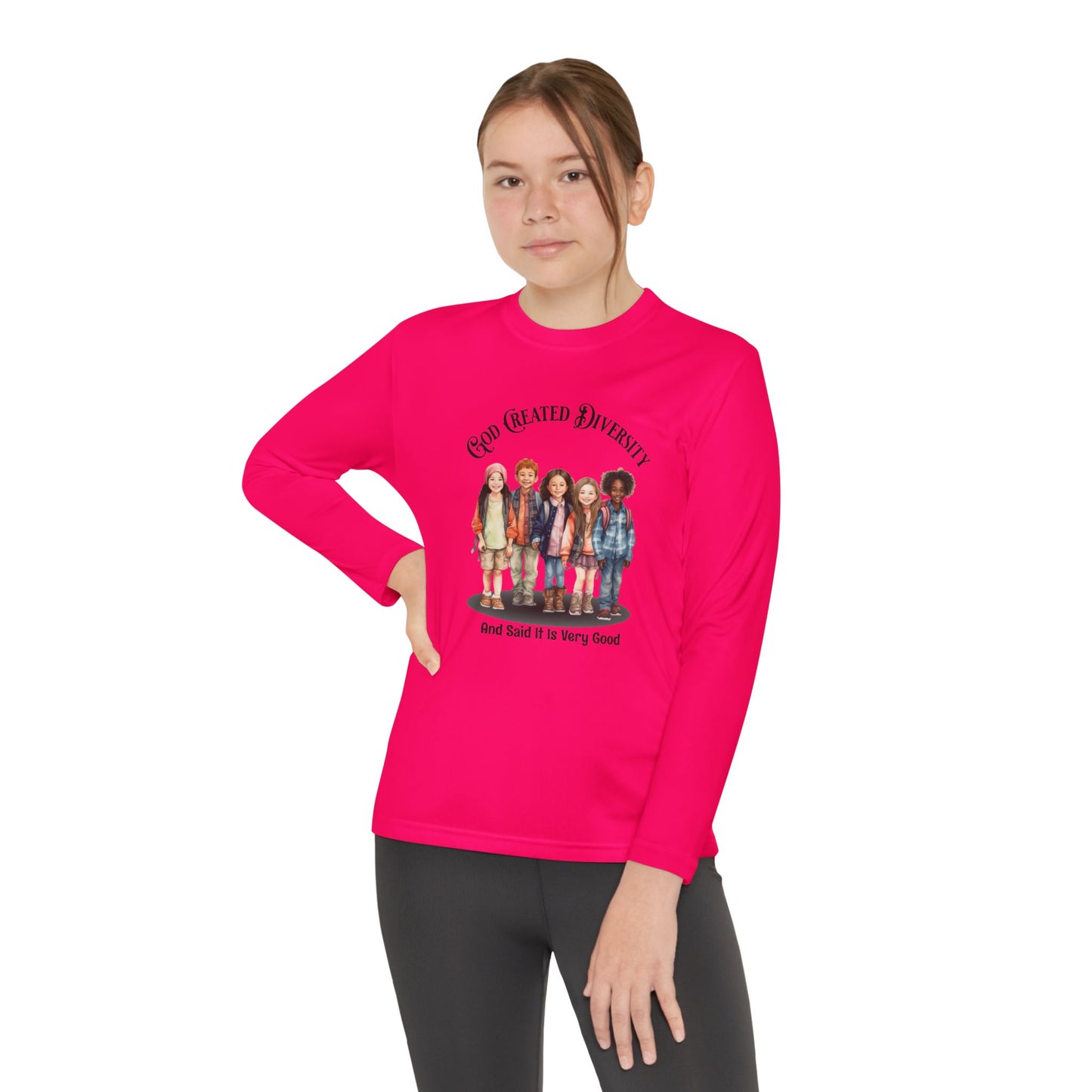 Youth Long Sleeve Tee — "God Created Diversity" Graphic Kids Shirt, Christian, Faith-Based