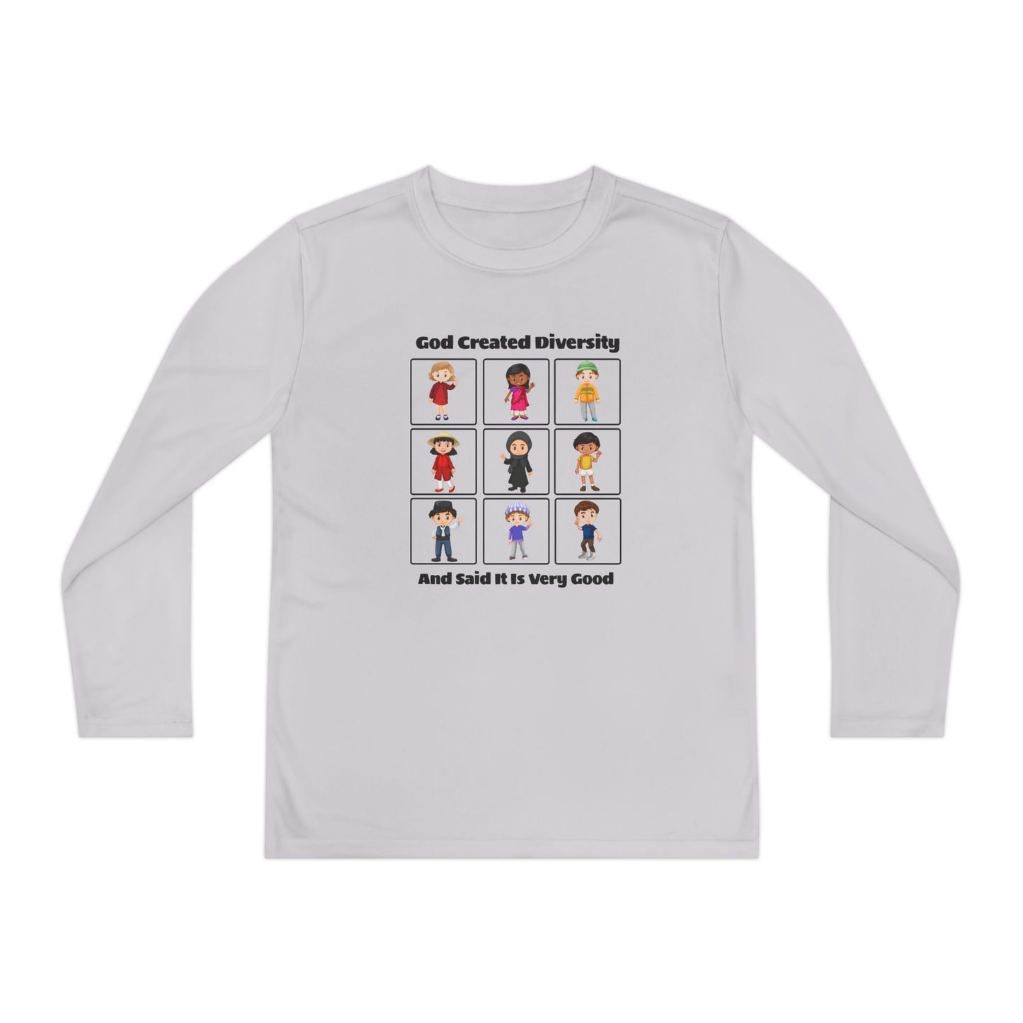 Youth Long Sleeve Tee — "God Created Diversity" Kids Multicultural Graphic Shirt, Christian, Faith-Based