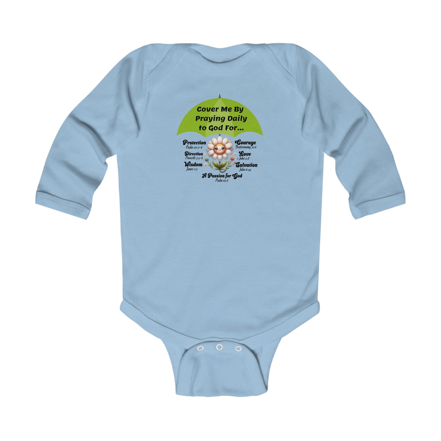 Baby Bodysuit - "Cover Me By Praying Daily" Floral Christian Infant Long Sleeve Onesie, Faith-Based