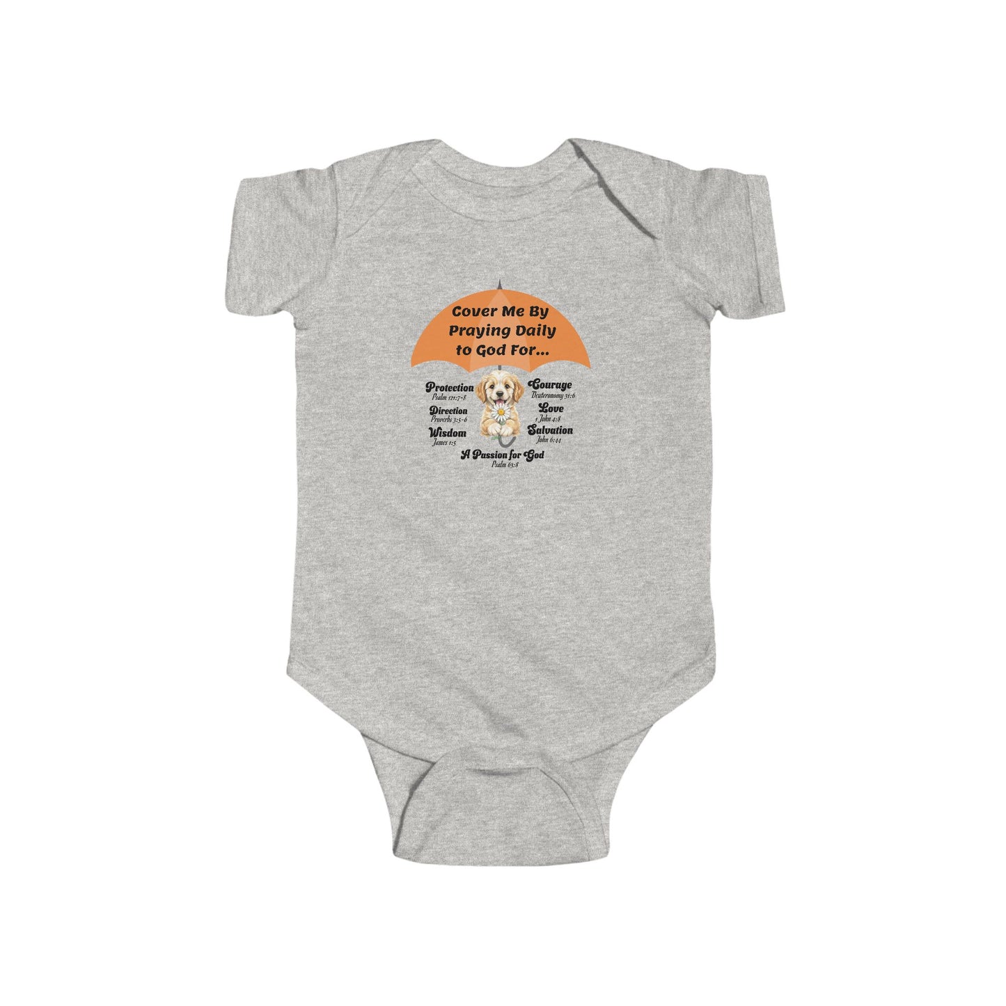 Cover Me By Praying Daily, Baby Onesie, Faith-Based, Puppy