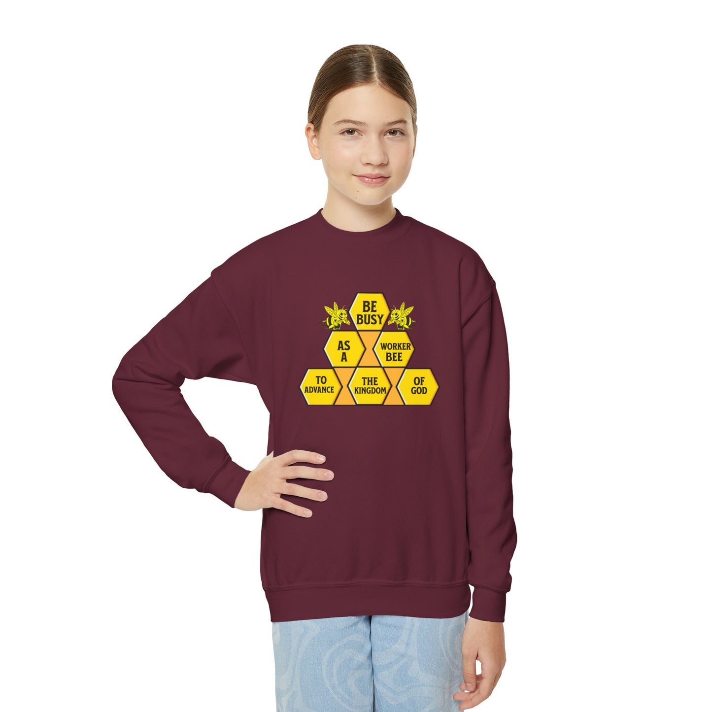 Be Busy As A Bee, Youth Crewneck Sweatshirt – Inspirational Christian Quote Graphic