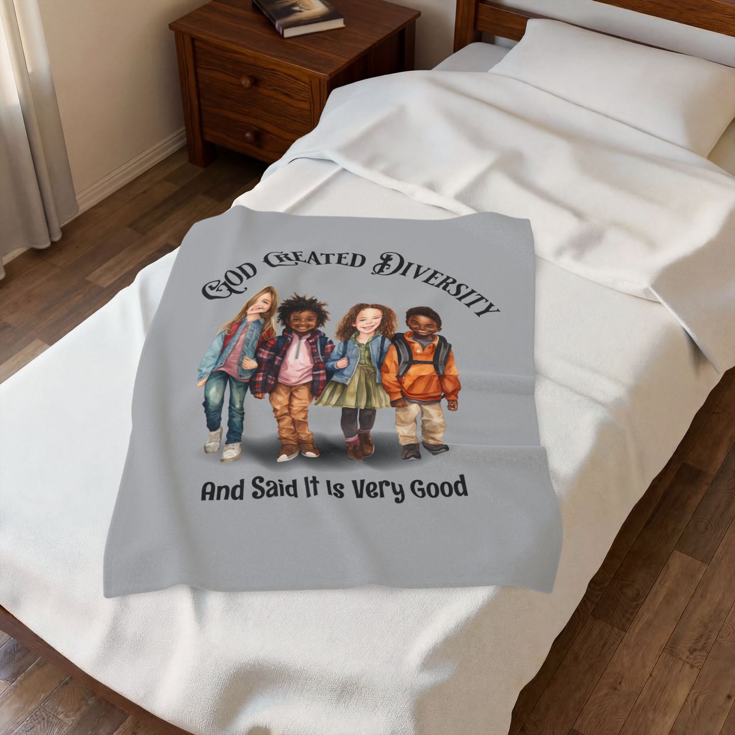 Velveteen Plush Blanket — "God Created Diversity" Mosaic Portrait Throw, Faith-Based