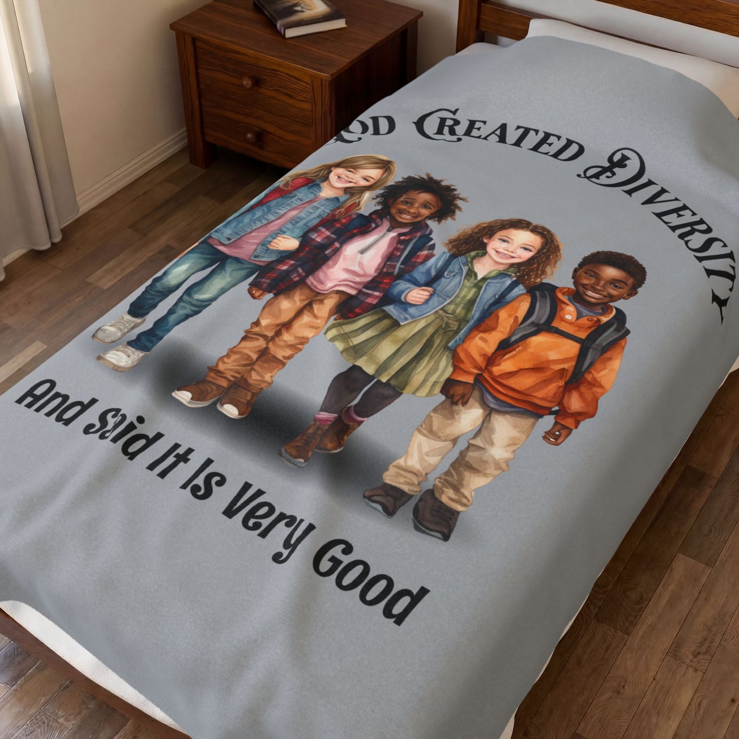 Velveteen Plush Blanket — "God Created Diversity" Mosaic Portrait Throw, Faith-Based
