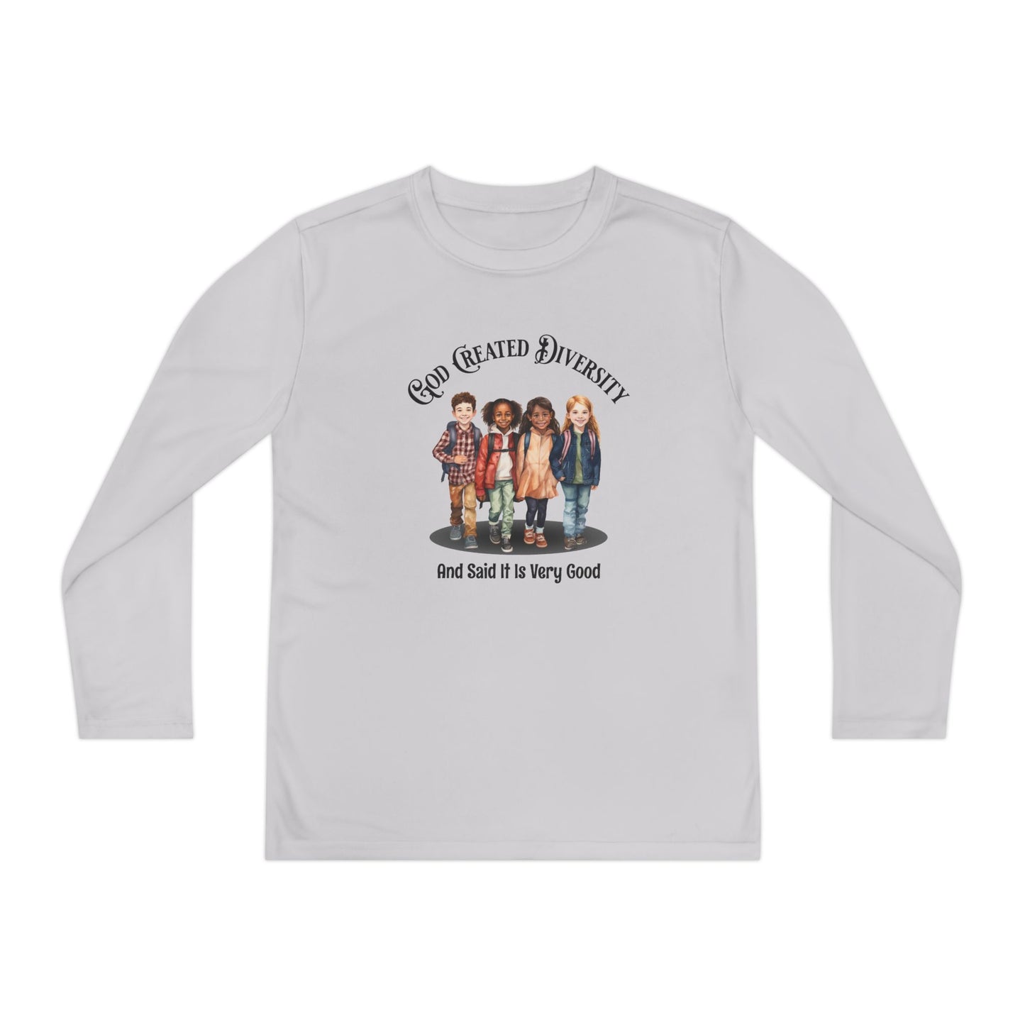 Youth Long Sleeve Tee — "God Created Diversity" Graphic Kids Shirt, Christian, Faith-Based