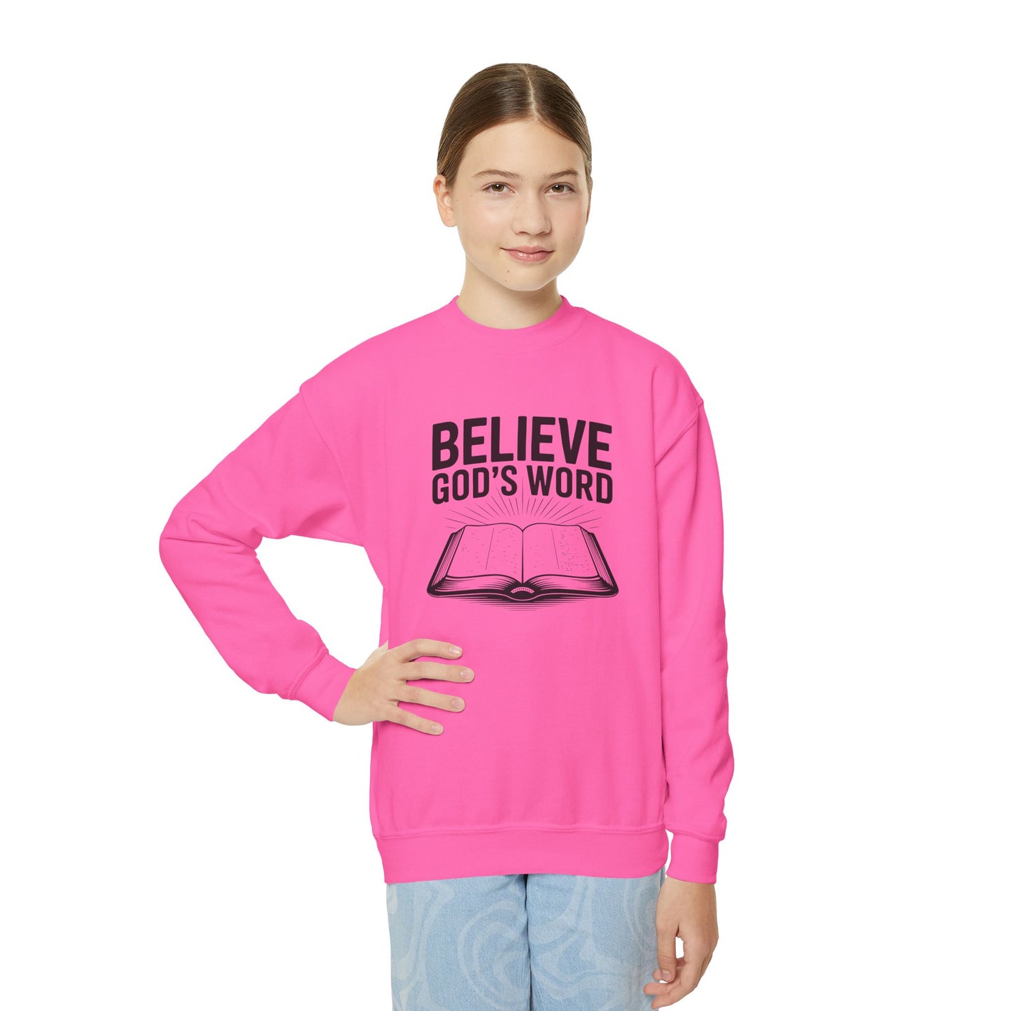 Believe God's Word, Youth Crewneck Sweatshirt – Inspirational Christian Quote Graphic