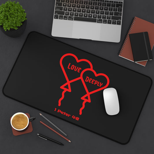 Love Deeply Desk Mat — Heart Balloon Design with 1 Peter 4:8 Scripture