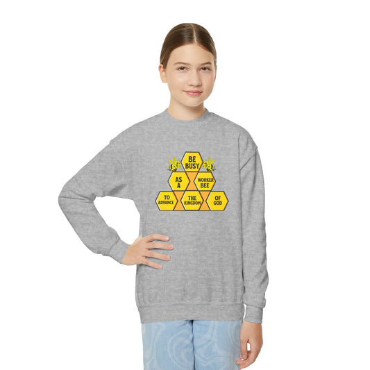 Be Busy As A Bee, Youth Crewneck Sweatshirt – Inspirational Christian Quote Graphic