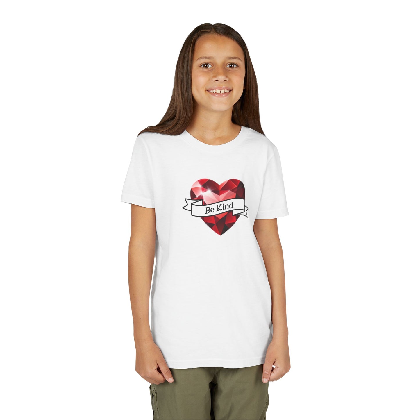 Youth Tee — 'Be Kind' Red Gem Heart Graphic, Christian, Faith-Based