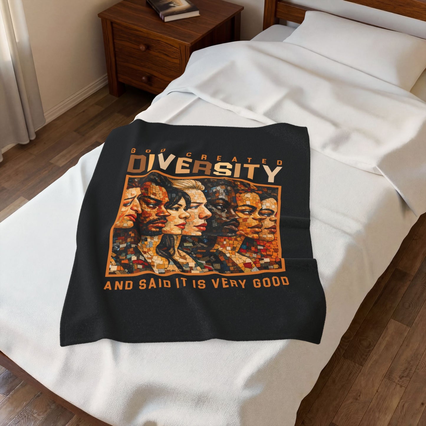 Velveteen Plush Blanket — "God Created Diversity" Mosaic Portrait Throw, Faith-Based