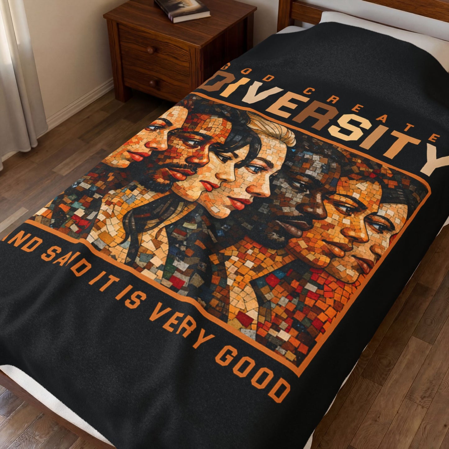 Velveteen Plush Blanket — "God Created Diversity" Mosaic Portrait Throw, Faith-Based