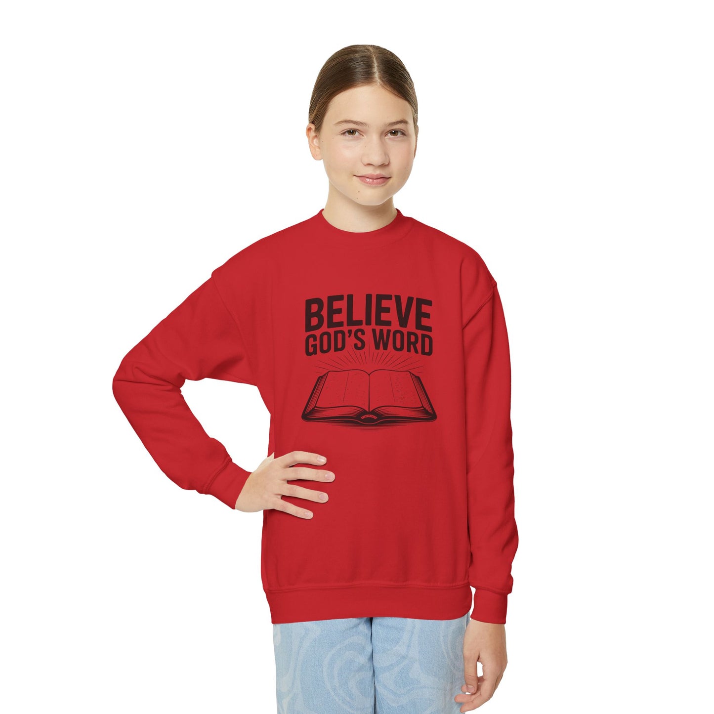 Believe God's Word, Youth Crewneck Sweatshirt – Inspirational Christian Quote Graphic