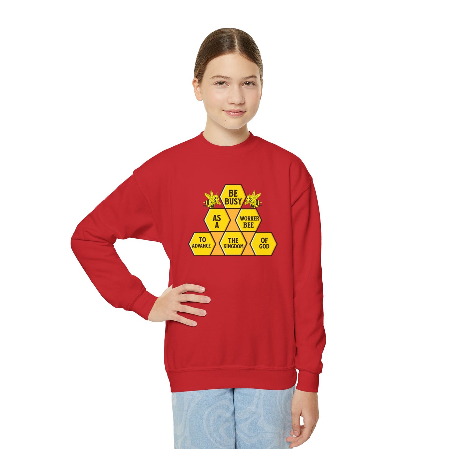 Be Busy As A Bee, Youth Crewneck Sweatshirt – Inspirational Christian Quote Graphic