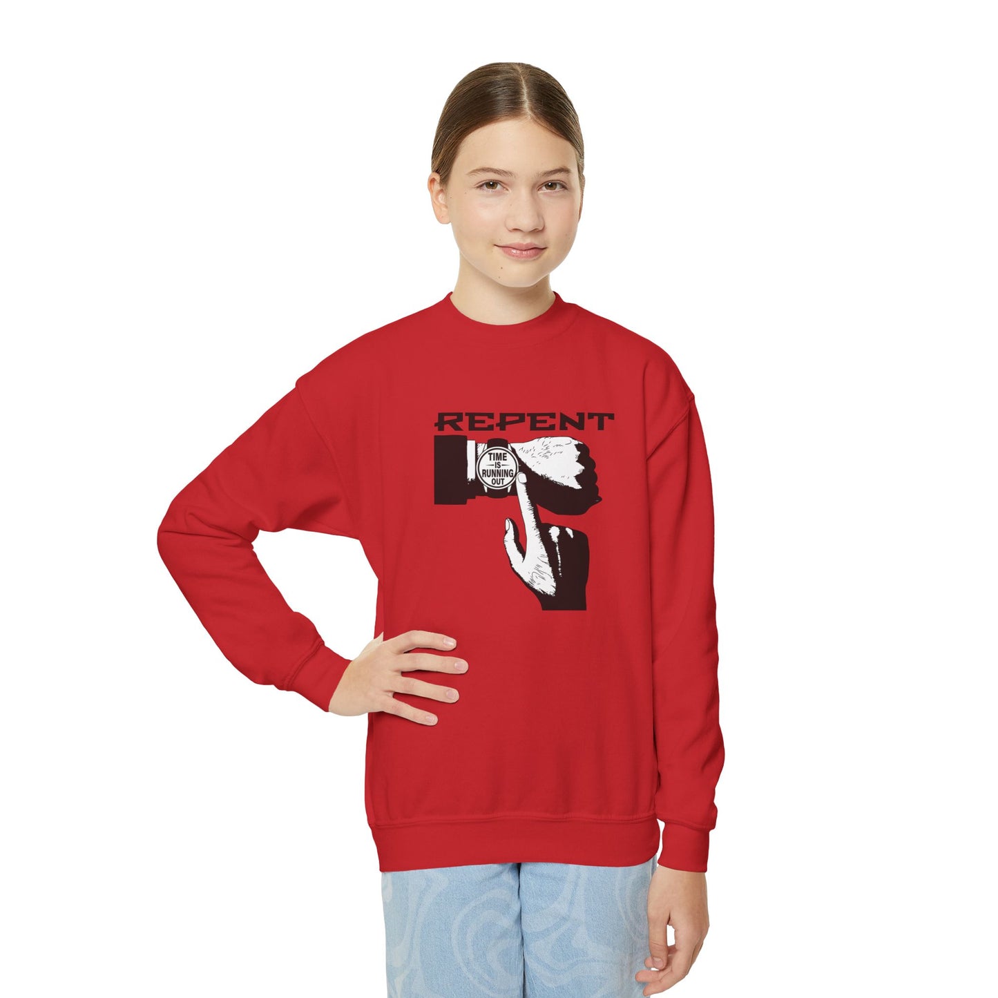 Repent Time is Running Out, Youth Crewneck Sweatshirt – Inspirational Christian Quote Graphic