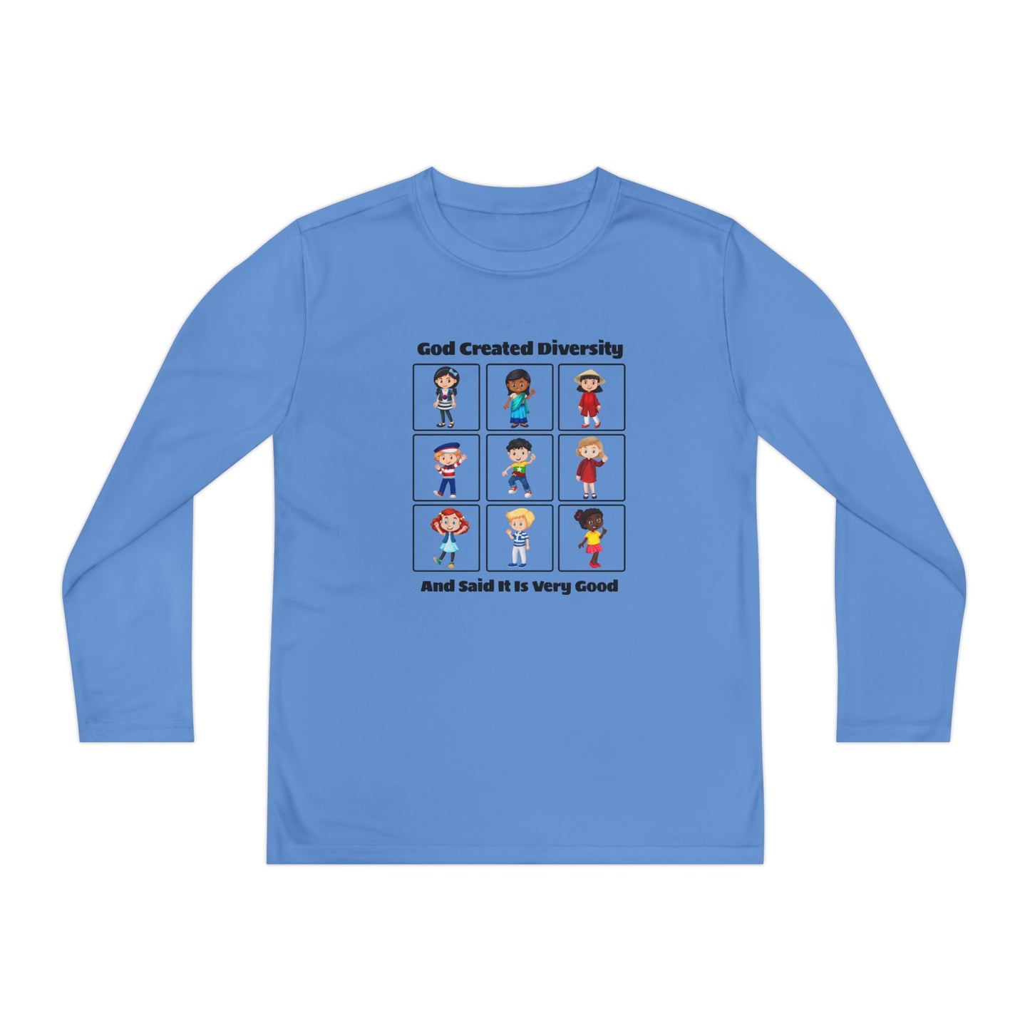 Youth Long Sleeve Tee — "God Created Diversity" Kids Multicultural Graphic Shirt, Christian, Faith-Based
