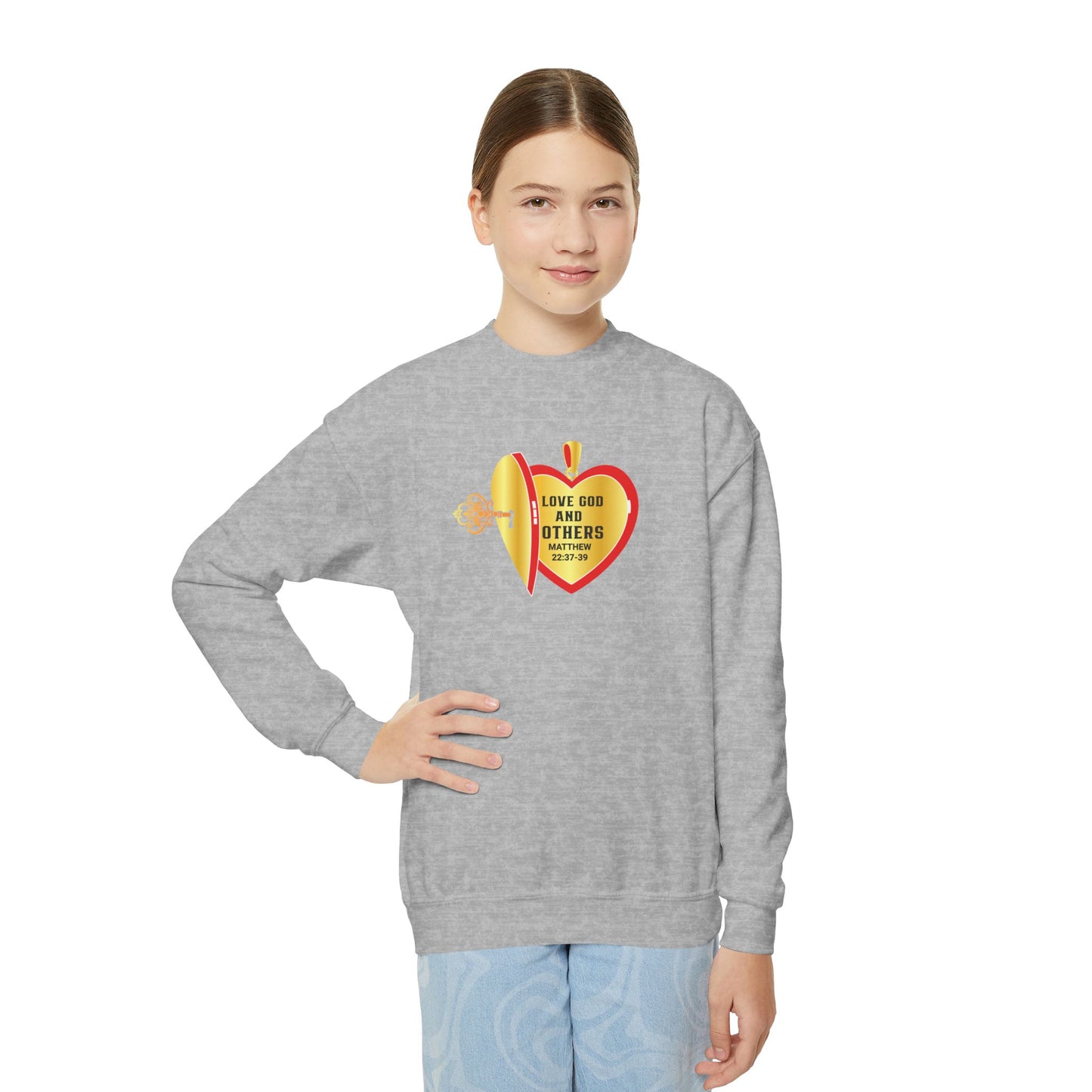 Love God & Others, Youth Crewneck Sweatshirt – Inspirational Christian Quote Graphic