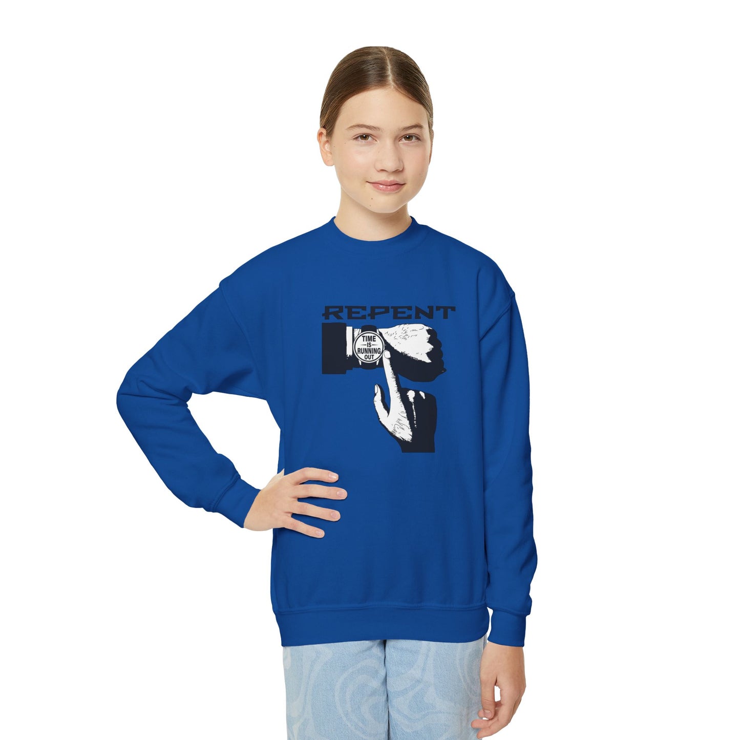 Repent Time is Running Out, Youth Crewneck Sweatshirt – Inspirational Christian Quote Graphic