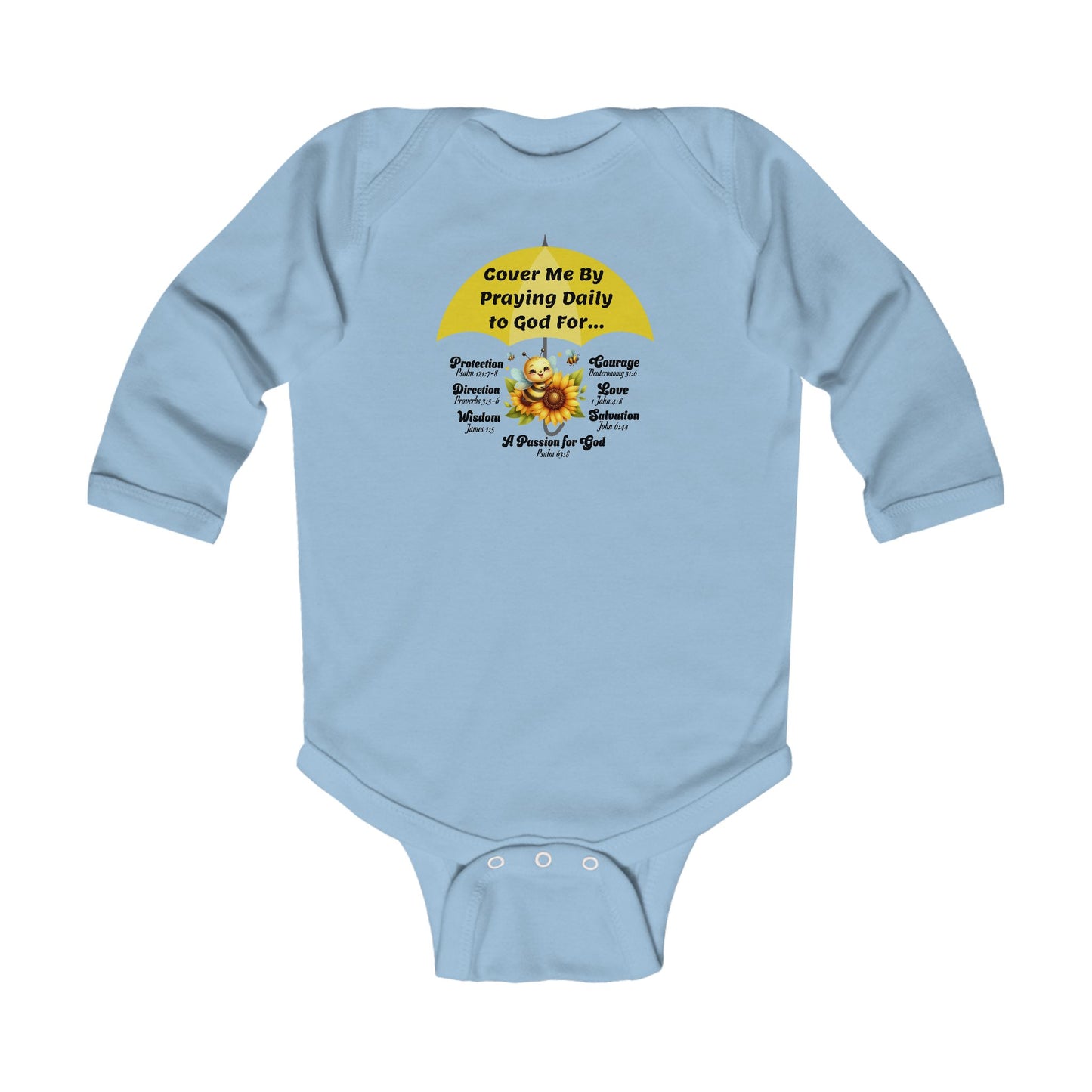 Baby Bodysuit - "Cover Me By Praying Daily", Bubble Bee, Christian Infant Long Sleeve Onesie, Faith-Based