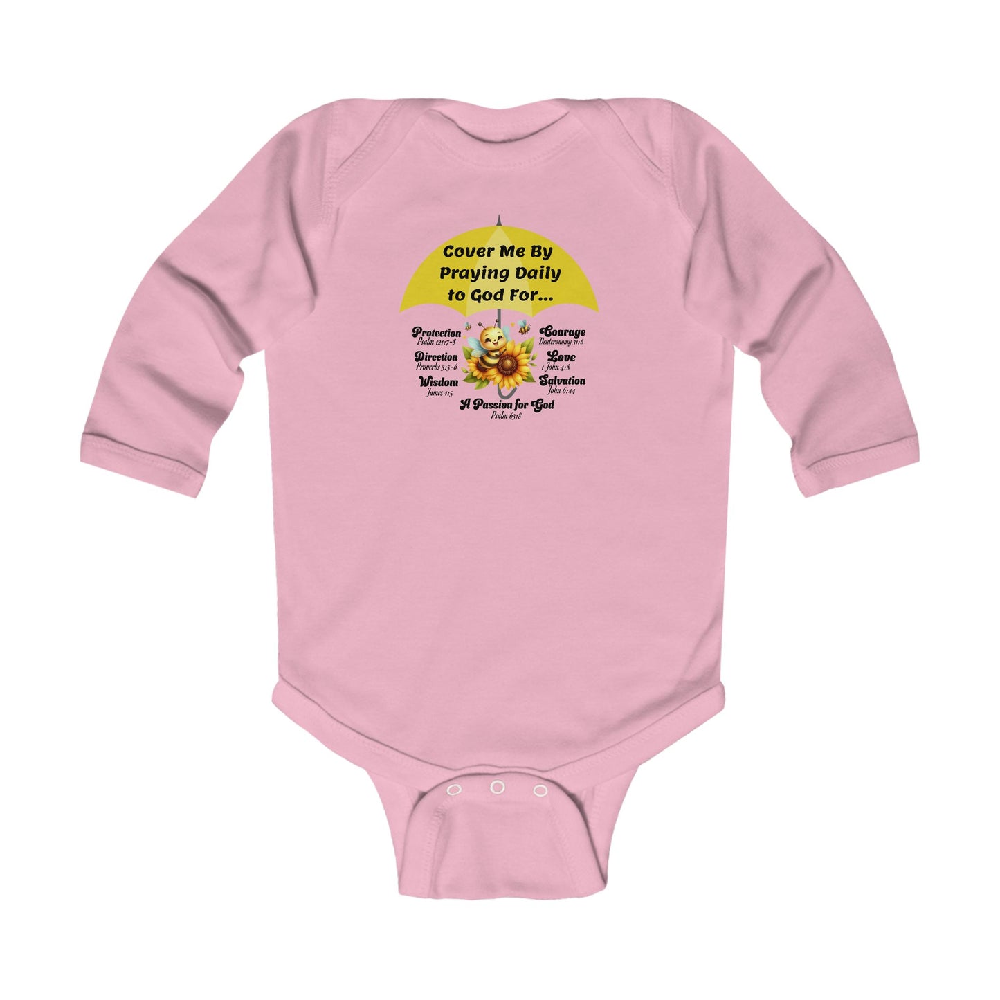 Baby Bodysuit - "Cover Me By Praying Daily", Bubble Bee, Christian Infant Long Sleeve Onesie, Faith-Based