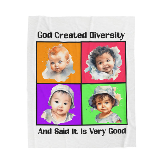 Velveteen Plush Blanket — "God Created Diversity" Mosaic Portrait Throw