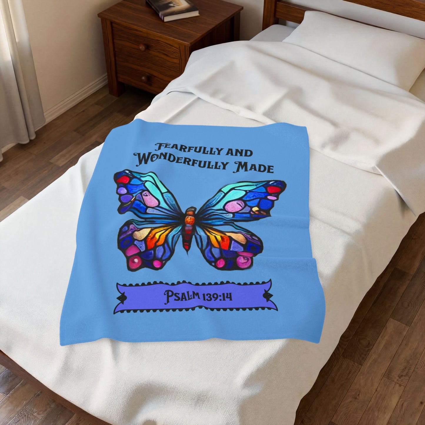 Velveteen Plush Blanket — "Fearfully and Wonderfully Made" Butterfly Psalm 139:14 Plush Throw