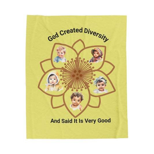 Velveteen Plush Blanket — "God Created Diversity and Said It Is Very Good" Floral Baby Photo Throw