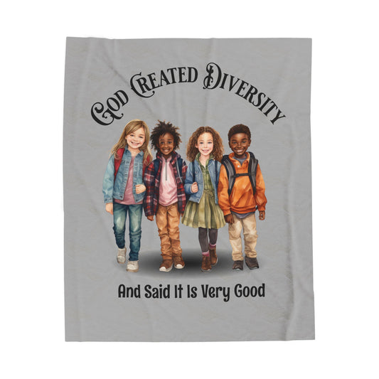 Velveteen Plush Blanket — "God Created Diversity" Mosaic Portrait Throw, Faith-Based