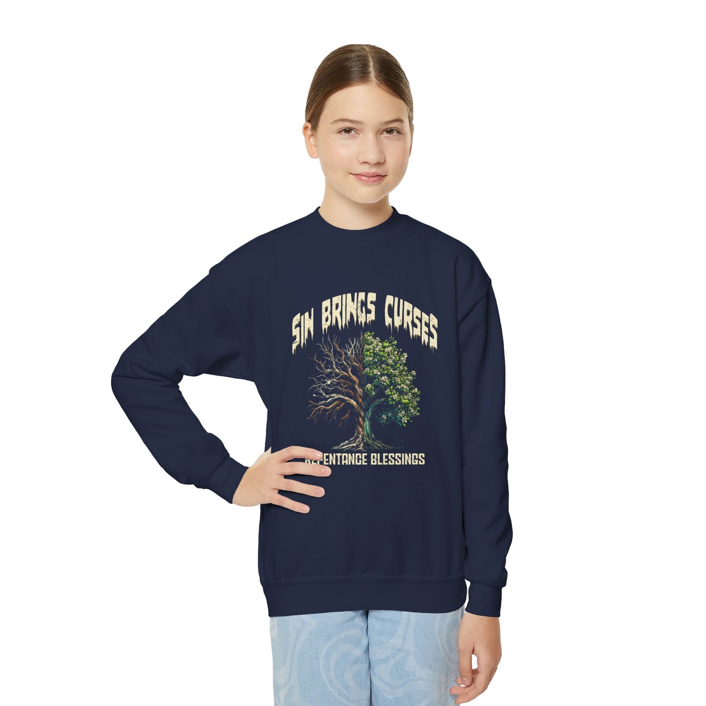 Sin Brings Curses-Repentance Blessings, Youth Crewneck Sweatshirt – Inspirational Christian Quote Graphic