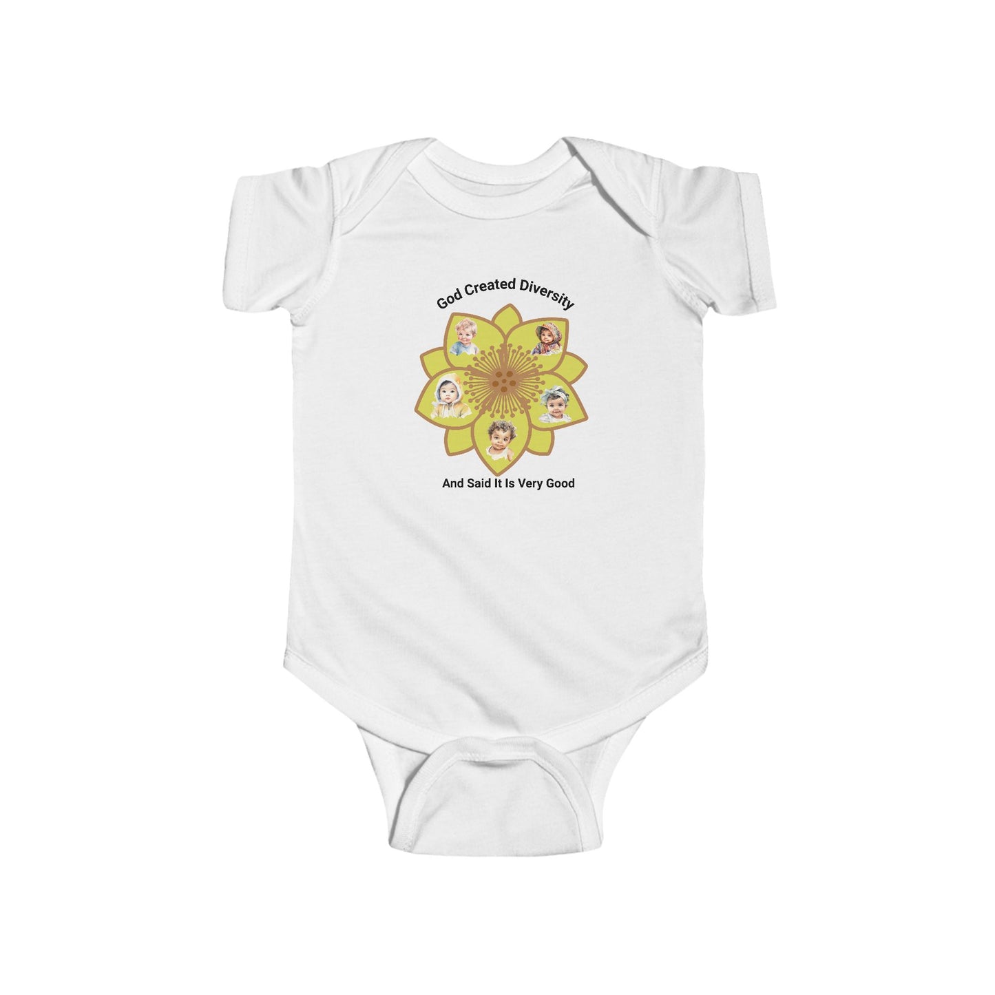 Baby Bodysuit — "God Created Diversity" Floral Design, Christian, Faith-Based