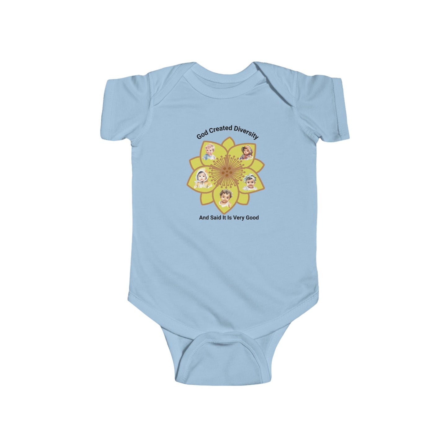 Baby Bodysuit — "God Created Diversity" Floral Design, Christian, Faith-Based
