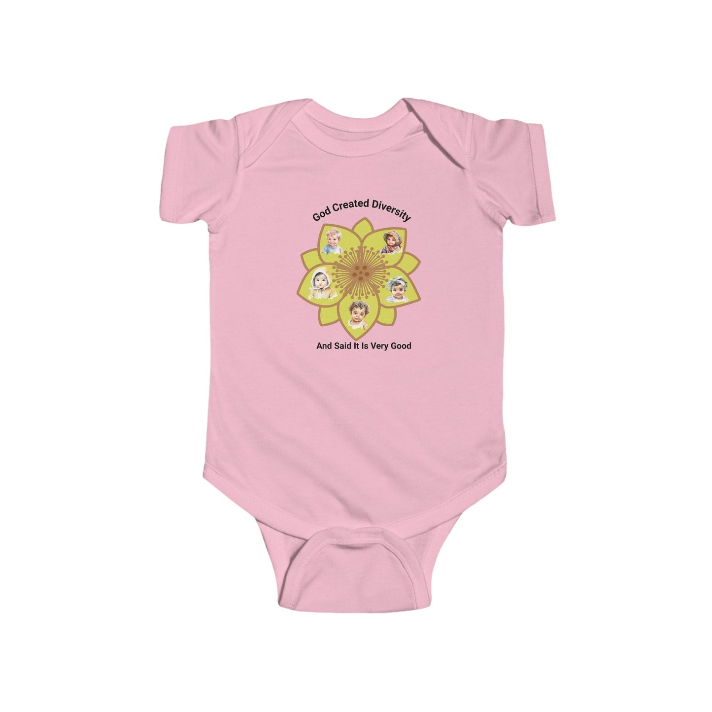 Baby Bodysuit — "God Created Diversity" Floral Design, Christian, Faith-Based