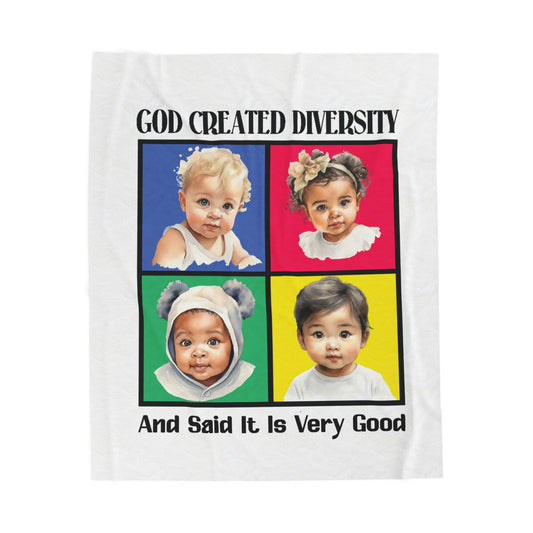 Velveteen Plush Blanket — "God Created Diversity1" Mosaic Portrait Throw
