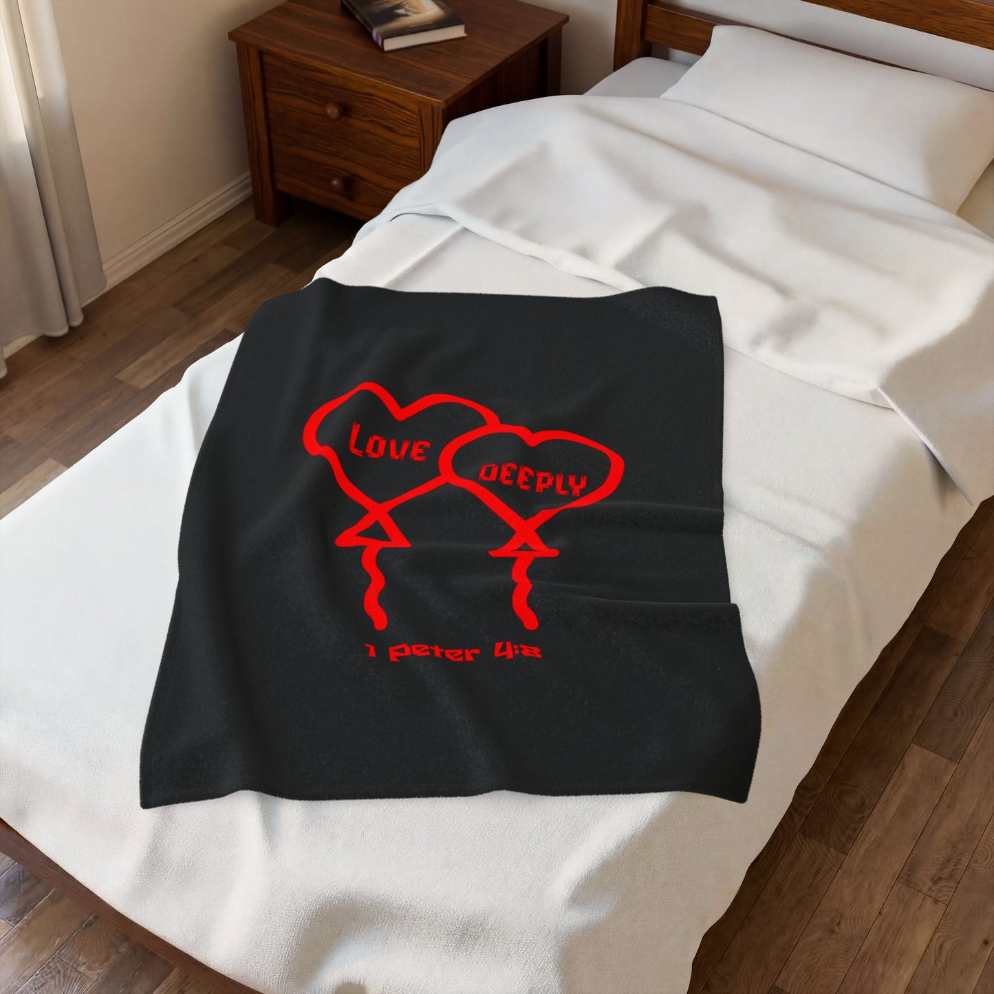 Velveteen Plush Blanket — 'Love Deeply' Heart Design (1 Peter 4:8), Faith-Based