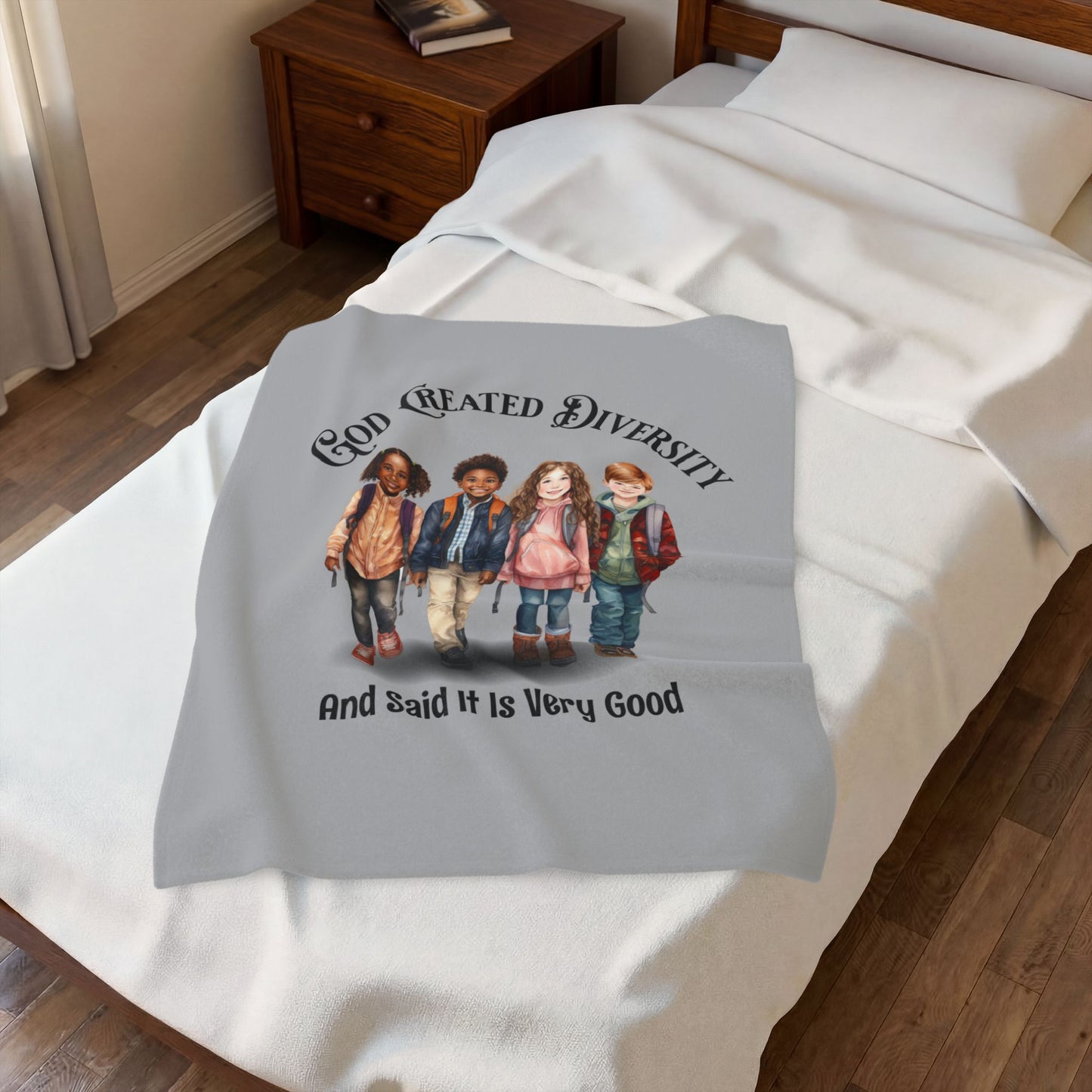 Velveteen Plush Blanket — "God Created Diversity" Mosaic Portrait Throw, Faith-Based
