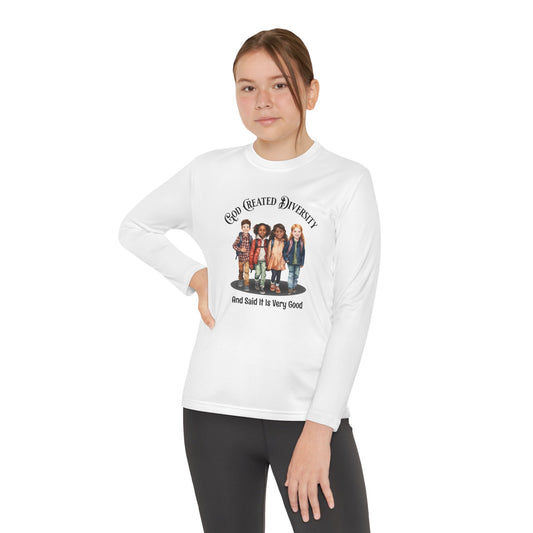 Youth Long Sleeve Tee — "God Created Diversity" Graphic Kids Shirt, Christian, Faith-Based